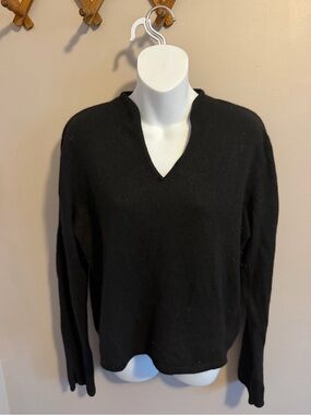 Evelyn Grace 100% Cashmere Notch V-Neck Split Cuff Knit Sweater Black XL